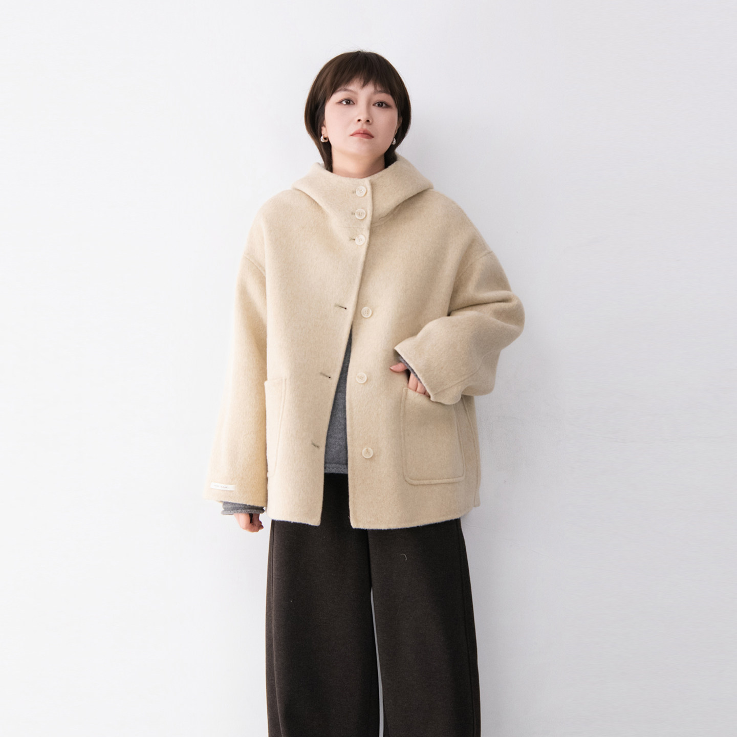 羊毛手工缝纫连帽宽松大口袋毛呢大衣女百搭休闲冬季纯色外套