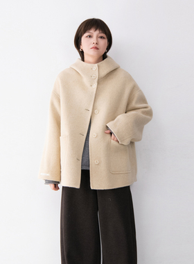 羊毛手工缝纫连帽宽松大口袋毛呢大衣女百搭休闲冬季纯色外套