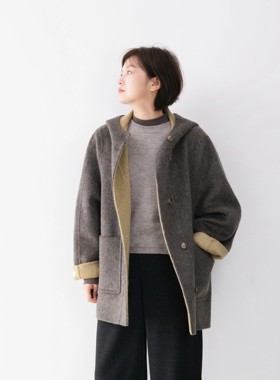 绵羊毛连帽手工双面呢纯色毛呢外套女冬季宽松气质大衣森邻公路