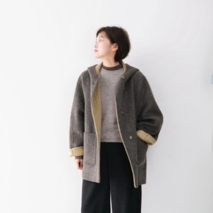 绵羊毛连帽手工双面呢纯色毛呢外套女冬季宽松气质大衣森邻公路