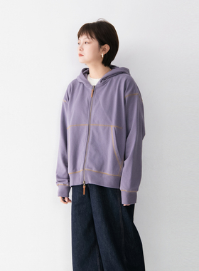 加绒毛圈拉绒棉质连帽灰紫色卫衣女宽松休闲明线装饰简约上衣外套