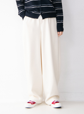 早春SEAWHEN海维恩松紧腰纯色拼接开叉雪花呢镰刀裤女百搭休闲裤