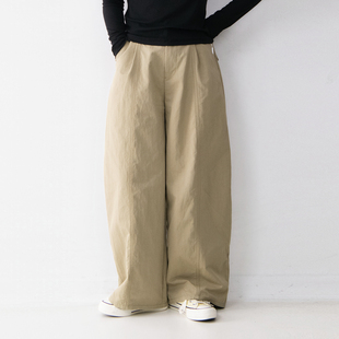 棉质半松紧腰拼接褶皱显瘦纯色休闲裤 女百搭宽松日系感弯刀裤