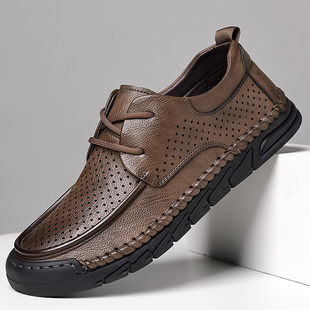 2026夏季新款凉鞋男镂空凉皮鞋男真皮透气软底防滑商务休闲洞洞鞋