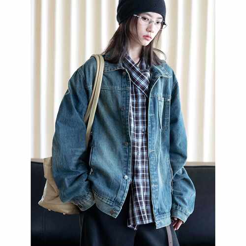 冬季新款重磅做休闲宽松旧质感牛仔夹克宽松拉链口袋设计感外套女