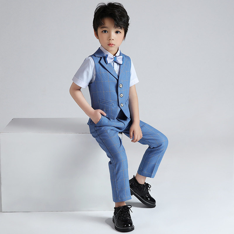出租儿童礼服春夏新款英伦格子小西装男童绅士钢琴主持演出服套装