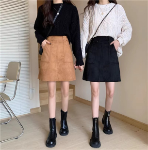 大码高腰鹿皮绒a字半身裙女中长款秋冬显瘦百搭口袋包臀裙一步裙