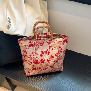 小众设计竹节手提托特包女2025新款 夏日旗袍搭配便通勤包旅游大包