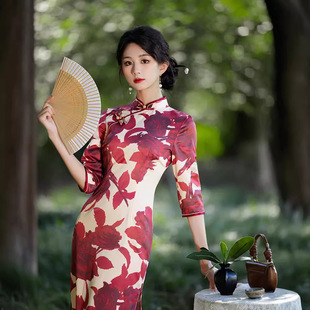 长袖改良素雅旗袍2024秋季复古民国风优雅印花气质仿花罗连衣裙