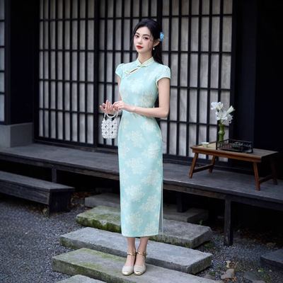 新中式改良旗袍女长款日常可穿素雅印花复古国风连衣裙短袖旗袍