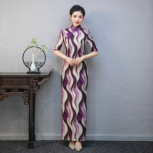 旗袍女新中式古法国风条纹性感改良2025新款春季连衣裙中老年