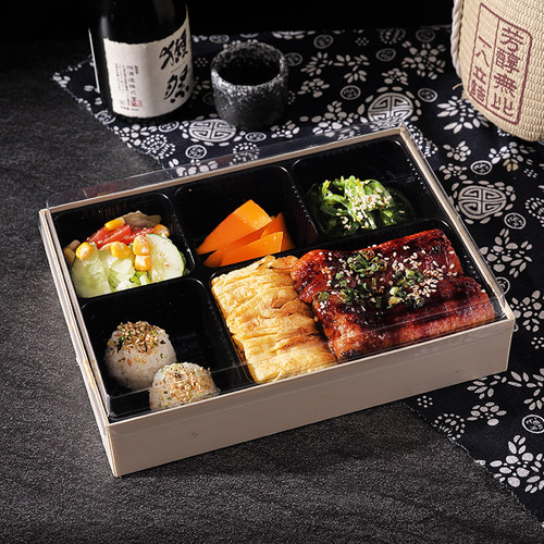 高档一次性木质快餐打包盒五格商务酒店分格套餐盒子商用外卖木盒