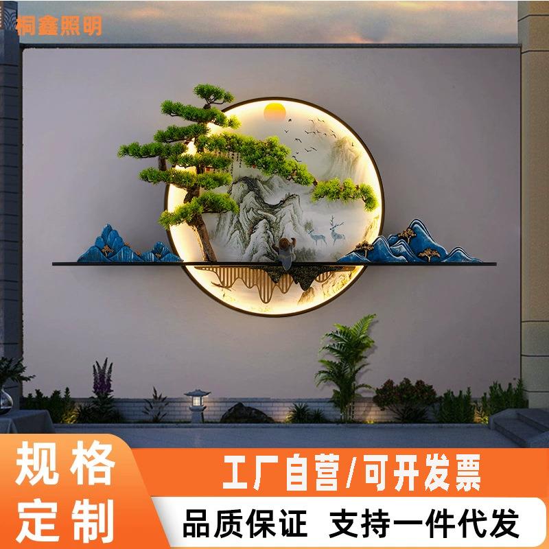 新中式客厅沙发背景墙迎客松装饰画走廊山水禅意茶室茶台挂画壁灯