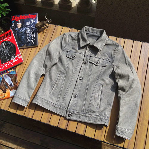 酵素洗旧美式复古507牛仔真皮夹克男重水洗石磨头层牛皮皮衣