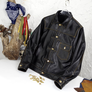 春装 撞色线金色扣子牛皮真皮皮衣男皮夹克 506牛仔改良版