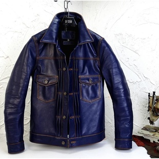 蓝染色日本胎牛皮果蔬纯植物环保鞣制撞色线507X牛仔男真皮皮衣