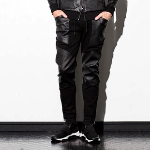 贸易公司弹力羊皮拼接高弹针织显瘦潮裤男女通用