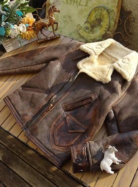 D3斜拉RL经典美式复古龟裂原生态羊皮毛一体真皮皮衣男