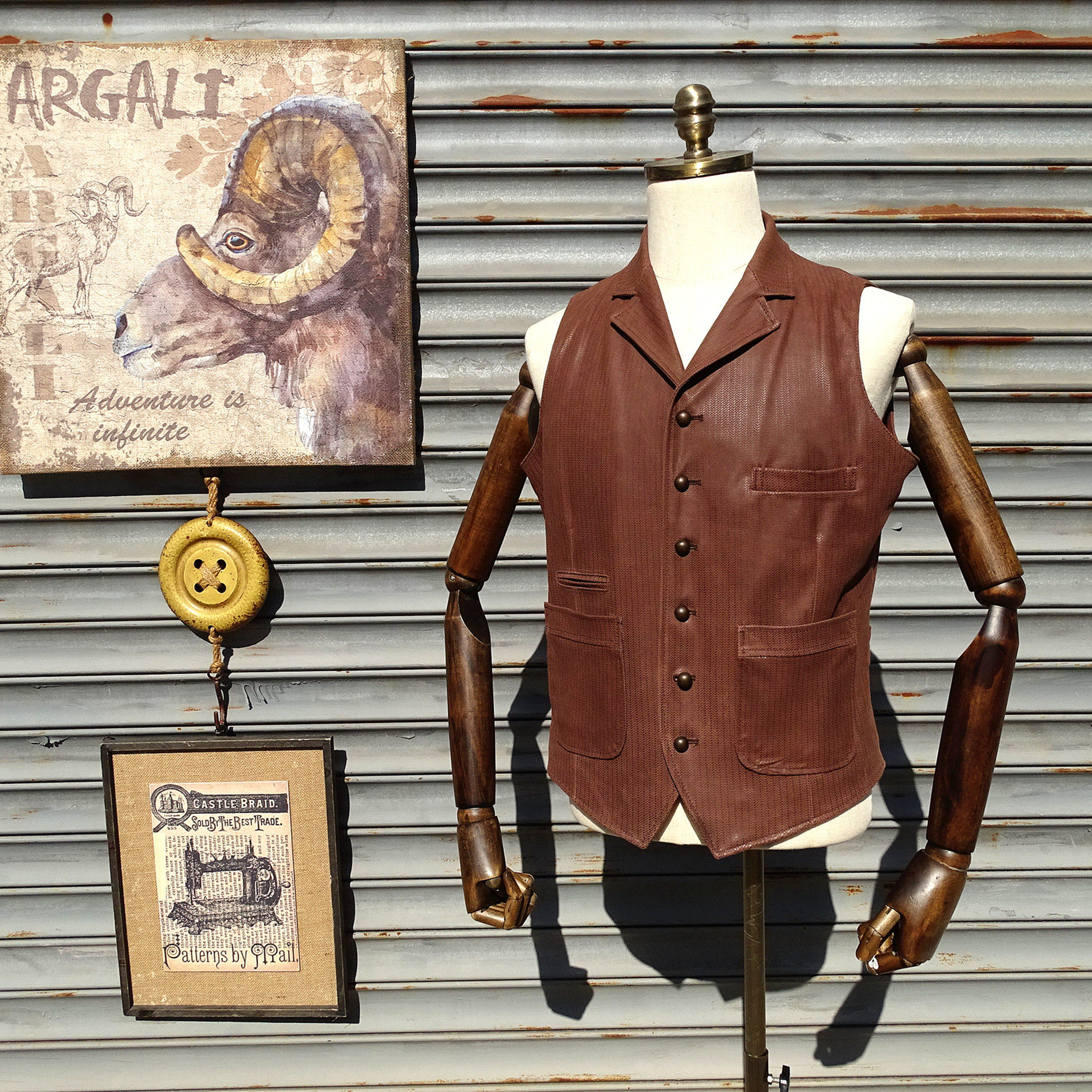 鱼骨纹头层绵羊皮英式复古马甲