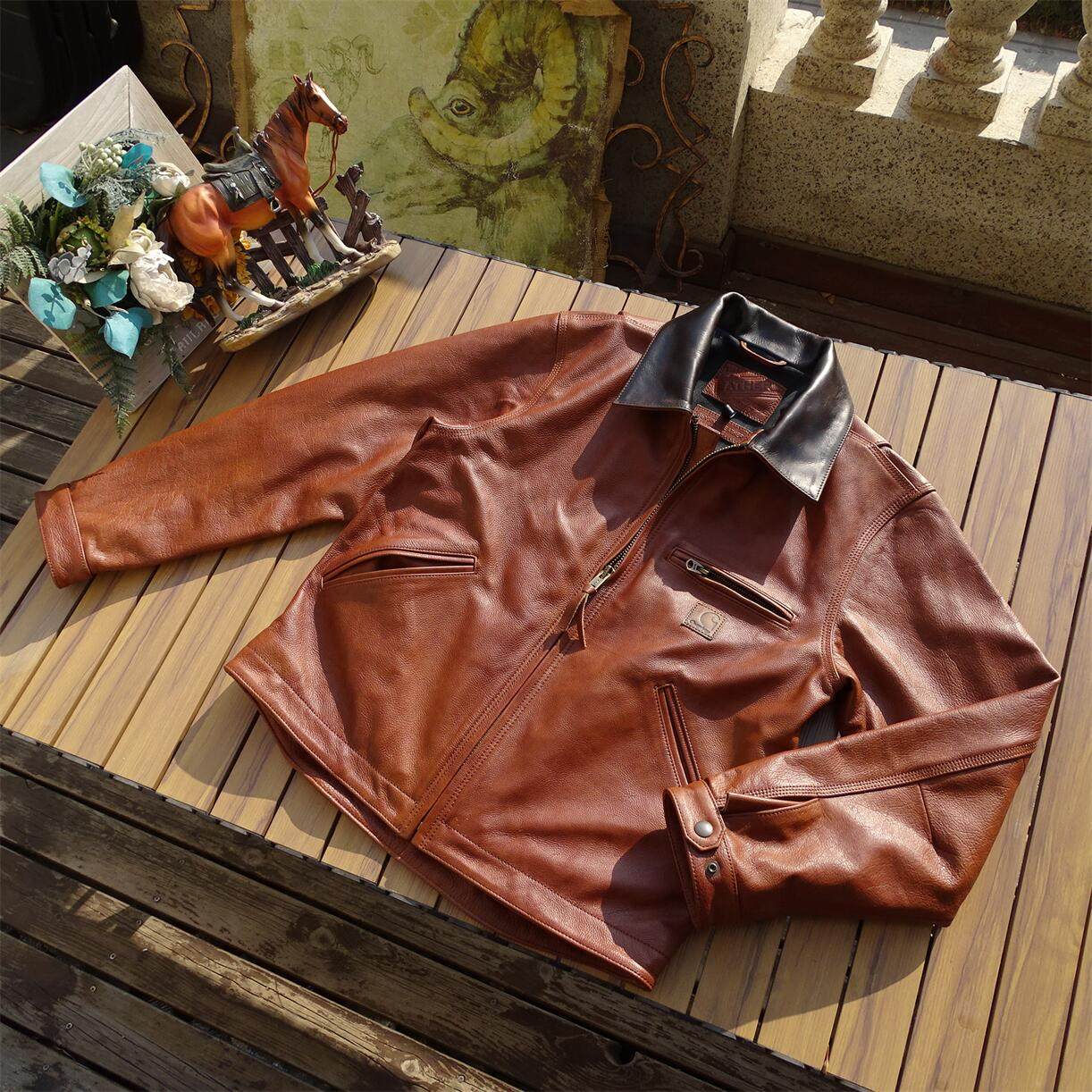 底特律风格意大利幻彩小牛皮阿美咔叽美式复古工装真皮皮衣