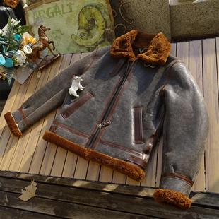 原生态羊皮毛一体龟裂泰迪棕美式复古保暖J188B6B3真皮皮衣