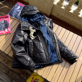 头层小幼马皮真皮衣 日本帽斜拉链马蹄袖 保暖厚棉马皮 男女通穿