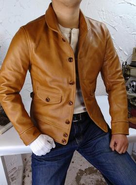 颜色棒！哥萨克cossack日版青果领校园蜡染牛皮皮夹克真皮皮衣男