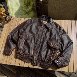 飞行服皮衣 头层牛皮真皮夹克男手工擦色宽松加大码 经典 港风阔版