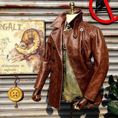 夹棉海军740双排扣大衣进口头层幻彩变色牛皮中长款复古真皮皮衣