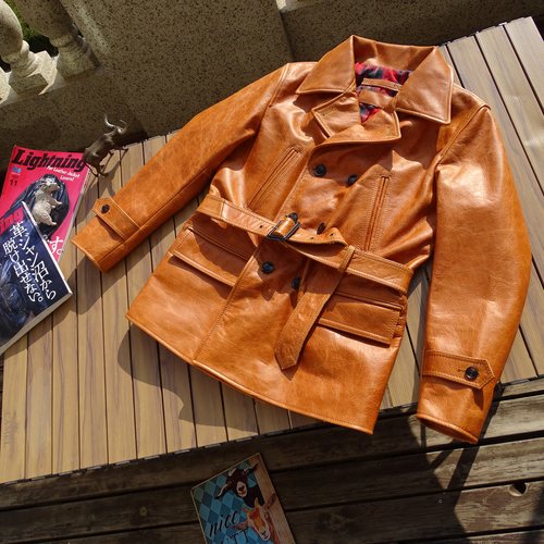 赔本抛售【双排扣束腰中款风衣】厚重油蜡牛皮真皮皮衣