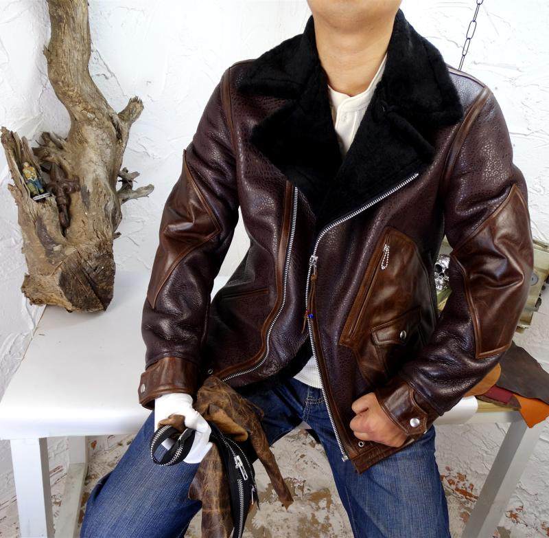 突破常规粗犷大象纹皮毛一体撞蜡变红棕牛皮真皮皮衣男皮毛一体