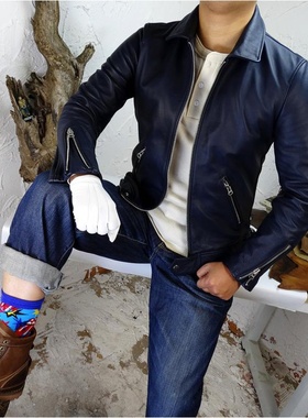 靛蓝色！韩国摔纹小牛皮英式翻领直拉真皮皮衣男保暖毛绒里料