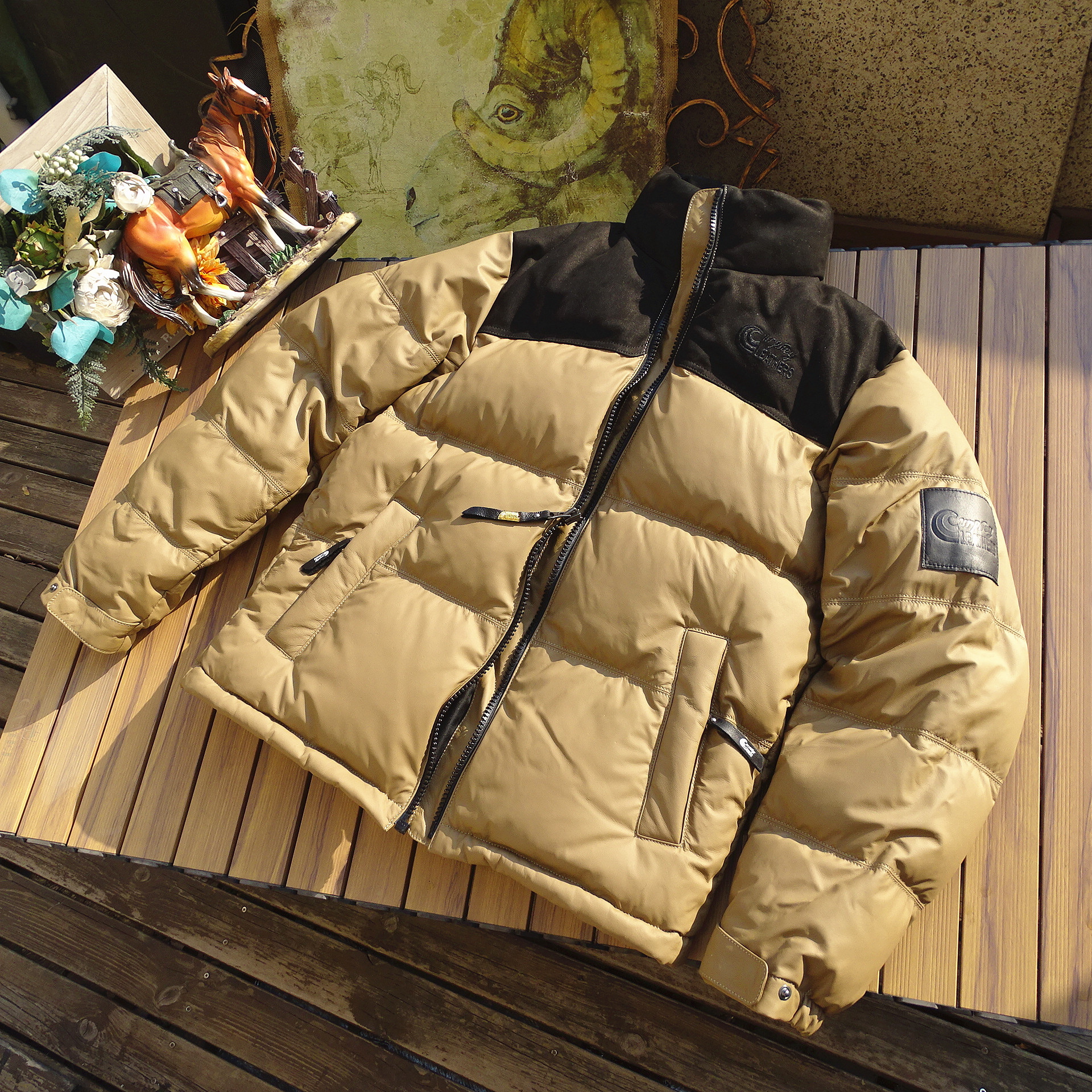 真皮羽绒服外贸出口立领拼色