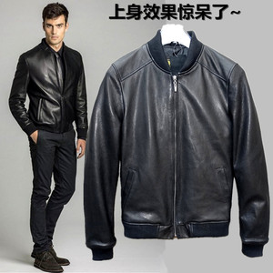 修身山羊皮头层皮革男短款真皮皮衣棒球服皮夹克