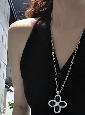 黑玛瑙花瓣吊坠项链毛衣链