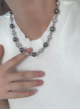 倪妮同款真多麻黑灰珍珠项链