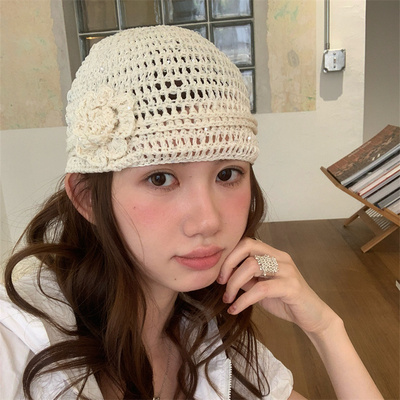 韩女细闪镂空针织花朵帽滕姐同款
