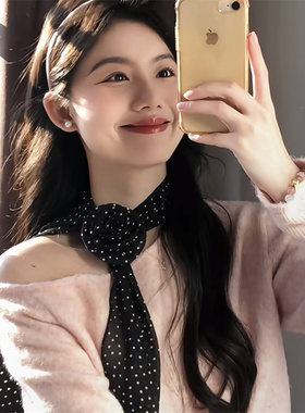 早春流行元素黑色波点丝巾女纯欲