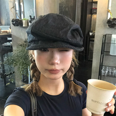 小众不规则褶皱设计牛仔贝雷帽女