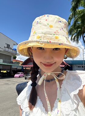 【法式小碎花】可爱双面戴奶黄色渔夫帽温柔奶紫色显脸小绑带盆帽