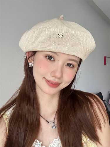 夏季镂空透气小B标气质贝雷帽女