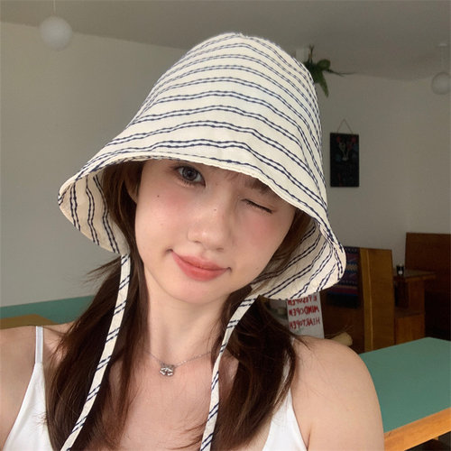 古早少女系带条纹渔夫帽大头围夏