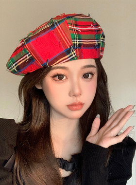 【红色格纹贝雷帽】时髦精bi戴显肤色画家帽网红博主女团风帽子潮