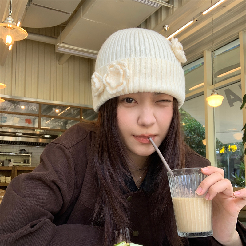 ins风手工钩花针织毛线帽保暖冬