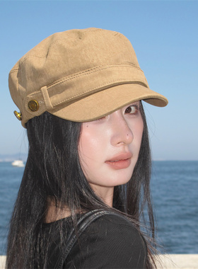 秋冬好搭配复古棕色纽扣马术帽潮