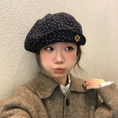 原创手工缝制花朵翻檐贝雷帽百搭