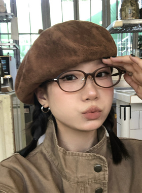 日系复古麂皮绒软顶贝雷帽显脸小
