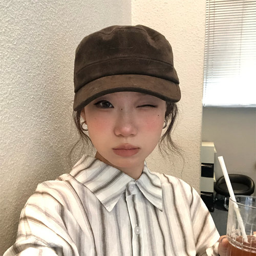 复古麂皮绒深咖色平顶马术帽秋冬