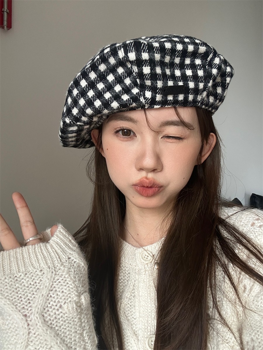 黑白格纹毛呢贝雷帽大版型显脸小