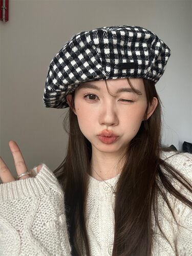 黑白格纹毛呢贝雷帽大版型显脸小